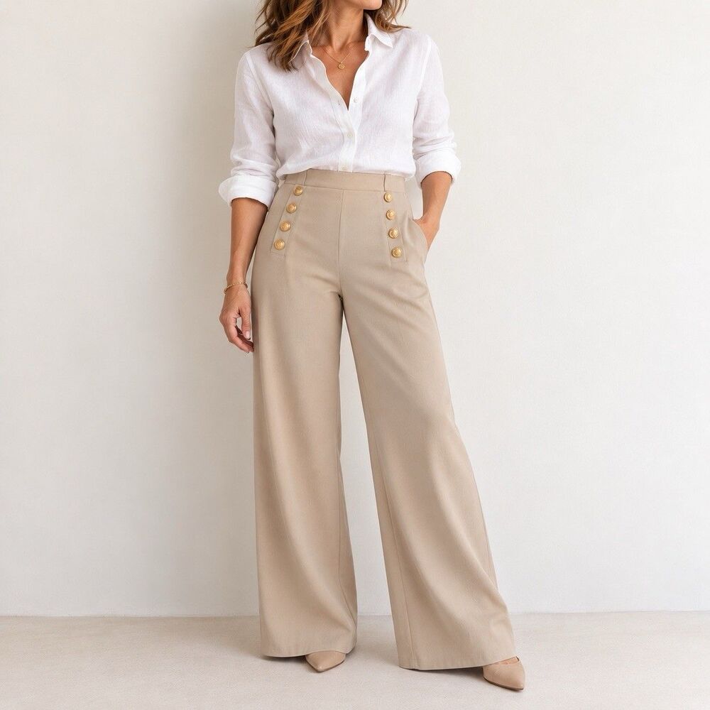 H&M Womens S Beige Wide Leg Sailor Pants High Rise Gold Button Stretch Trouser
